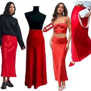 De Base red satin midi slip skirt sexy flowy pull on Sz M NWT